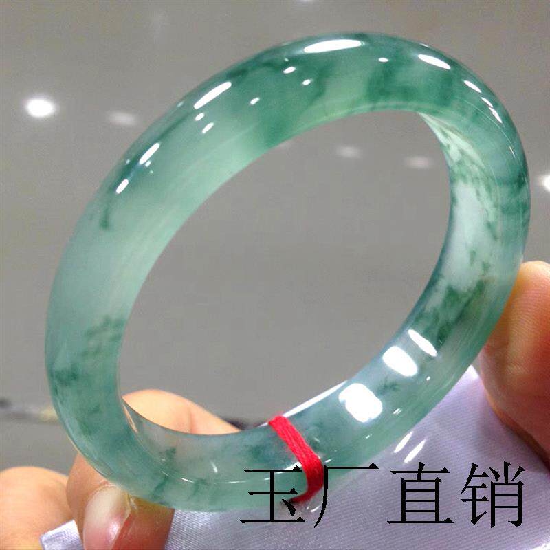 缅甸珠宝玉石翡翠色阳绿飘花冰糯种满绿贵妃圆条宽边手镯玉镯送礼