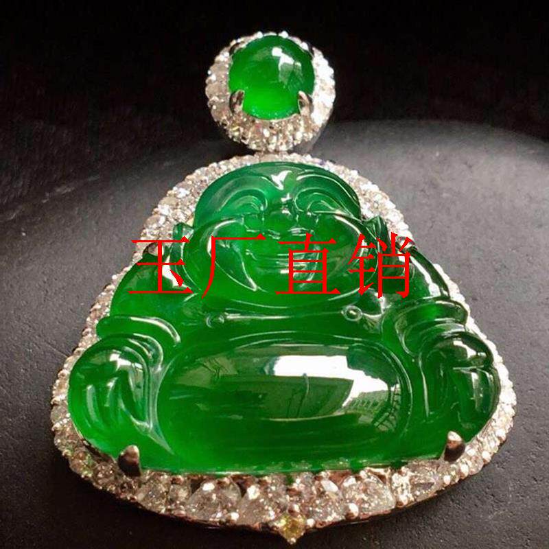 缅甸冰种翡翠色吊坠玉石飘花满绿玉佛公阳绿镶嵌翡翠处理饰品送礼