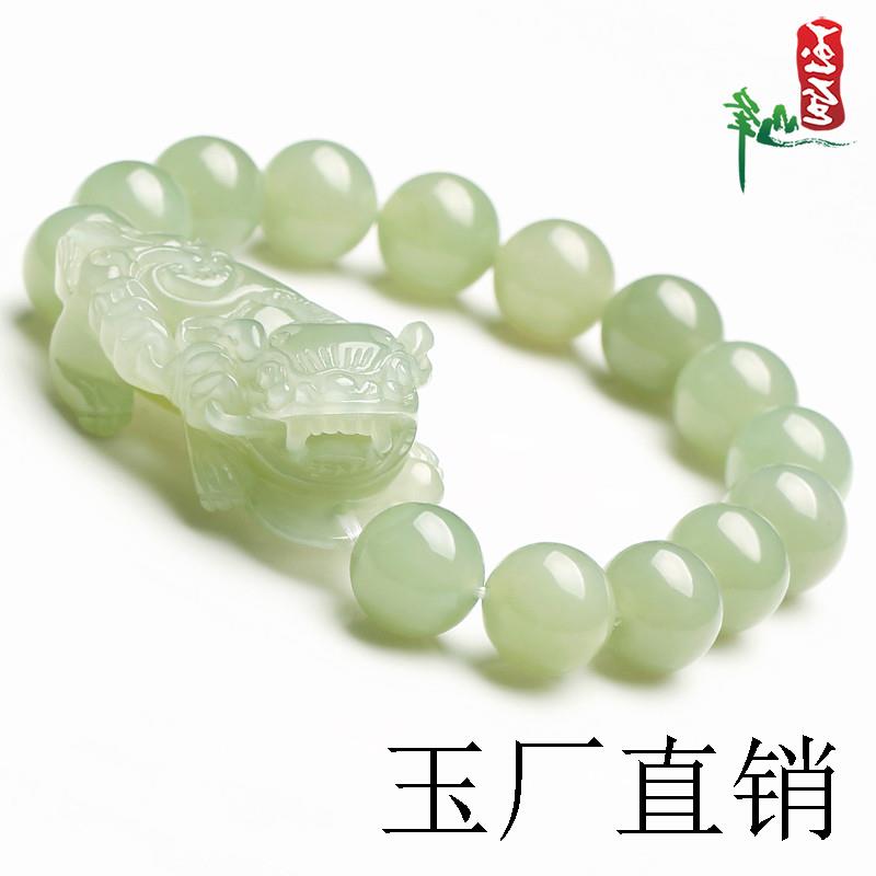 高端新疆和田玉色貔貅手串男女同款玉石手链冰底晴水绿青白玉圆珠
