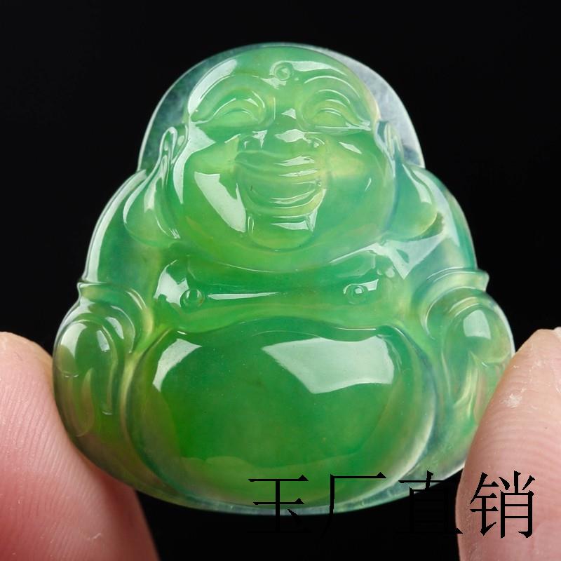 缅甸翡翠色满绿大佛公吊坠冰种阳绿帝王绿弥勒佛翡翠处理款送礼品