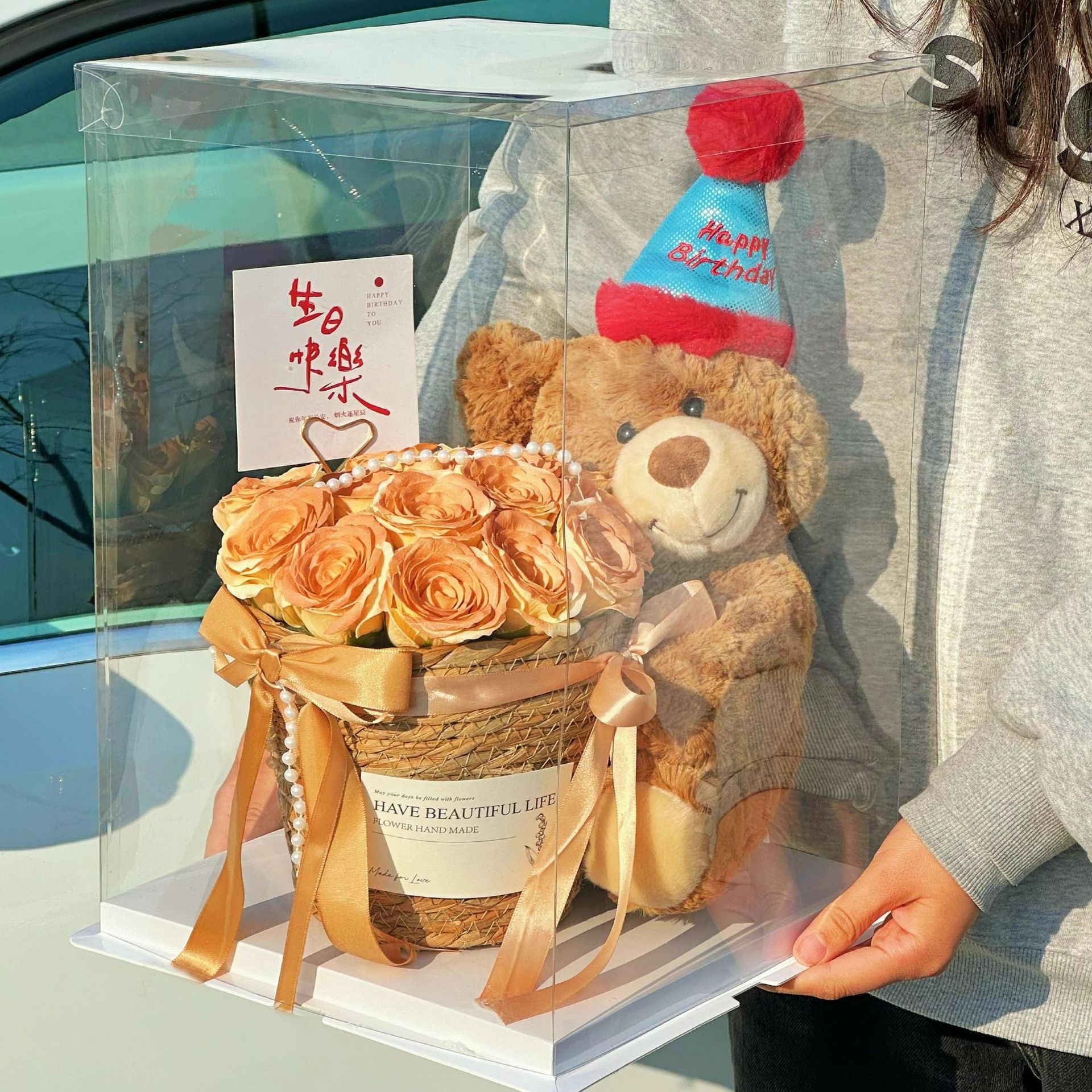 教师节实用永生玫瑰仿真香皂花花束小熊抱抱桶送女友闺蜜生日礼物图片