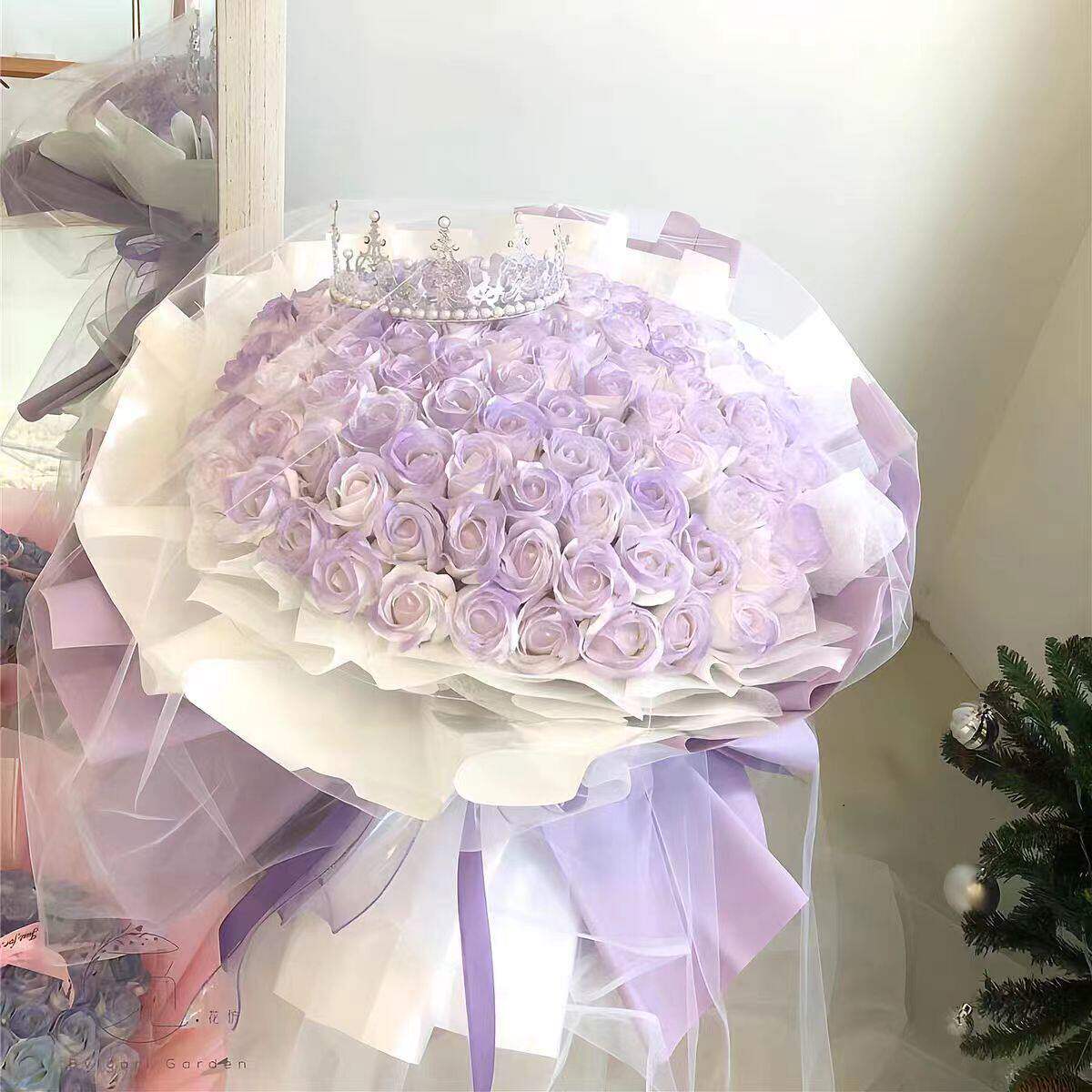 碎冰蓝玫瑰永生花束香皂花七夕礼花坛/花箱
