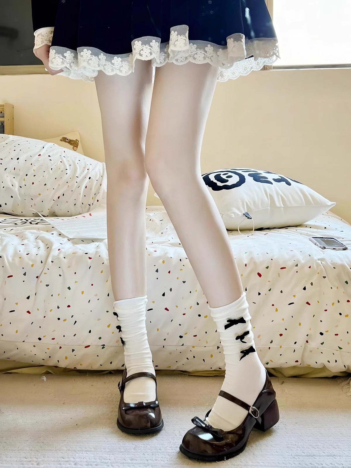 甜美Lolita蝴蝶结小腿短袜棉日系jk百搭中筒袜子女配玛丽珍小皮鞋