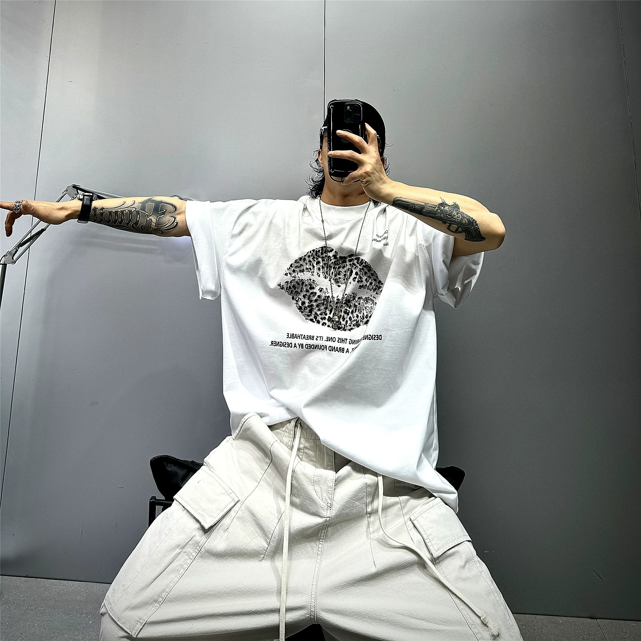 复古潮牌豹纹嘴唇印花短袖T恤男女宽松oversize重磅纯棉潮酷上衣