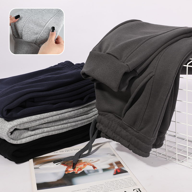 重磅纯棉加绒卫裤男女情侣秋冬新款加厚纯色束脚长裤休闲运动裤