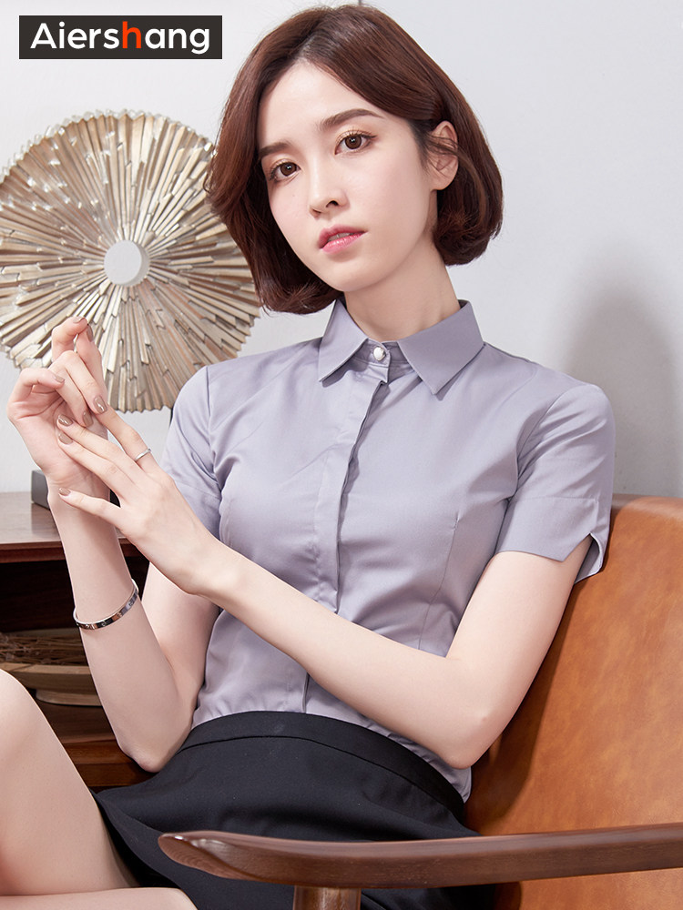 夏季新款白衬衫女短袖职业修身定制工作服工装正装气质衬衣女灰色