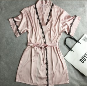 新品女士短袖睡衣绸缎睫毛蕾丝睡袍大码休闲宽松浴衣浴袍家居睡裙