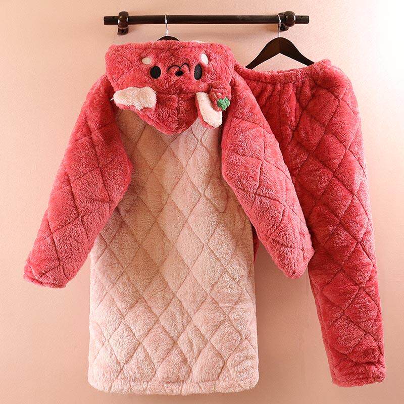 冬季睡衣女士可外穿法兰绒三层加厚夹棉珊瑚绒中长款卡通可爱套装