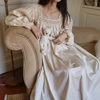 睡衣睡裙长裙女士法式甜美宫廷风蕾丝花边长袖重工纯棉刺绣家居服