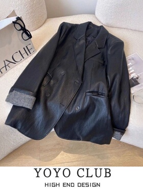 品牌折扣胖MM黑色皮衣西装外套女韩版时尚宽松高级感皮夹克外套女