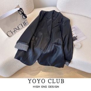 宽松高级感皮夹克外套女 时尚 品牌折扣胖MM黑色皮衣西装 外套女韩版