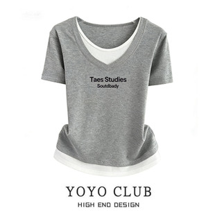 新款 印花修身 假两件短袖 女装 显瘦v领上衣 t恤大码 品牌折扣2026夏季