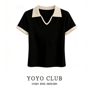 女装 品牌折扣2026夏季 上衣大码 撞色翻领短袖 高级感显瘦T恤潮 新款