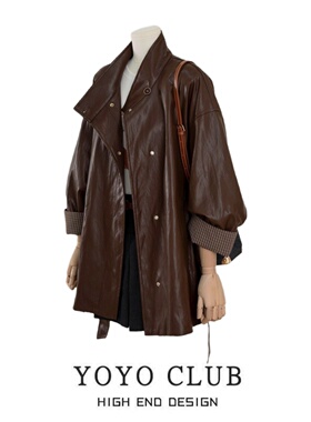 品牌折扣复古风翻领PU皮衣外套女2026春季大码显瘦咖啡色廓形夹克