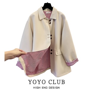 品牌折扣韩式 显瘦翻领纽扣条纹冲锋衣潮 高级感风衣外套女2026大码