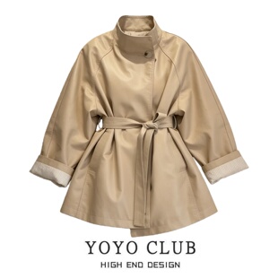 品牌折扣英伦风洋气系带收腰外套女2026年大码 胖MM廓形显瘦风衣潮