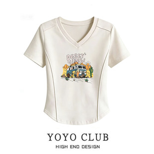 V领修身 品牌折扣大码 显瘦白色上衣 新款 T恤女夏季 女装 卡通印花短袖