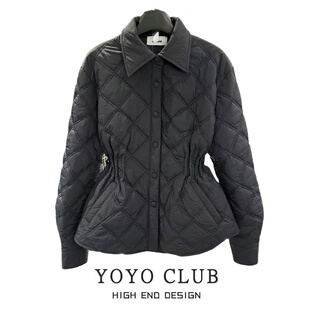 品牌折扣胖MM复古菱格纹翻领收腰外套女2025新款 小众设计保暖棉服