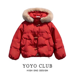 品牌折扣新年红牛角扣大毛领棉服女2026大码胖MM氛围感百搭面包服