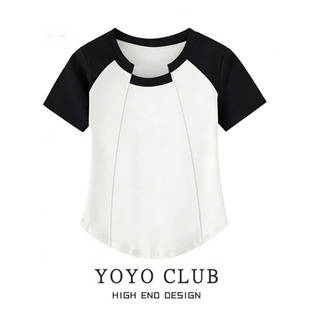 夏季 品牌折扣大码 2026新款 正肩鱼骨T恤短袖 不规则撞色上衣潮 女装