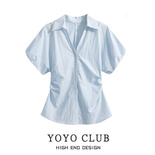 衬衫 减龄收腰短袖 高级别致设计感上衣女夏季 品牌折扣胖mm法式