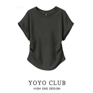 女装 品牌折扣时尚 大码 2026夏季 显瘦T恤上衣潮 设计感圆领褶皱短袖