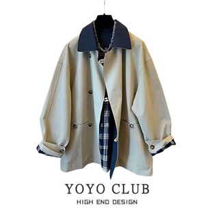 品牌折扣法式 百搭显瘦翻领高级感外套 复古撞色风衣外套女2026大码