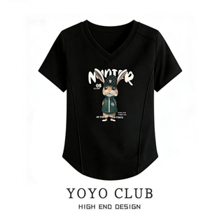 品牌折扣2026夏季新款大码女装时尚休闲V领短袖宽松百搭上衣T恤潮