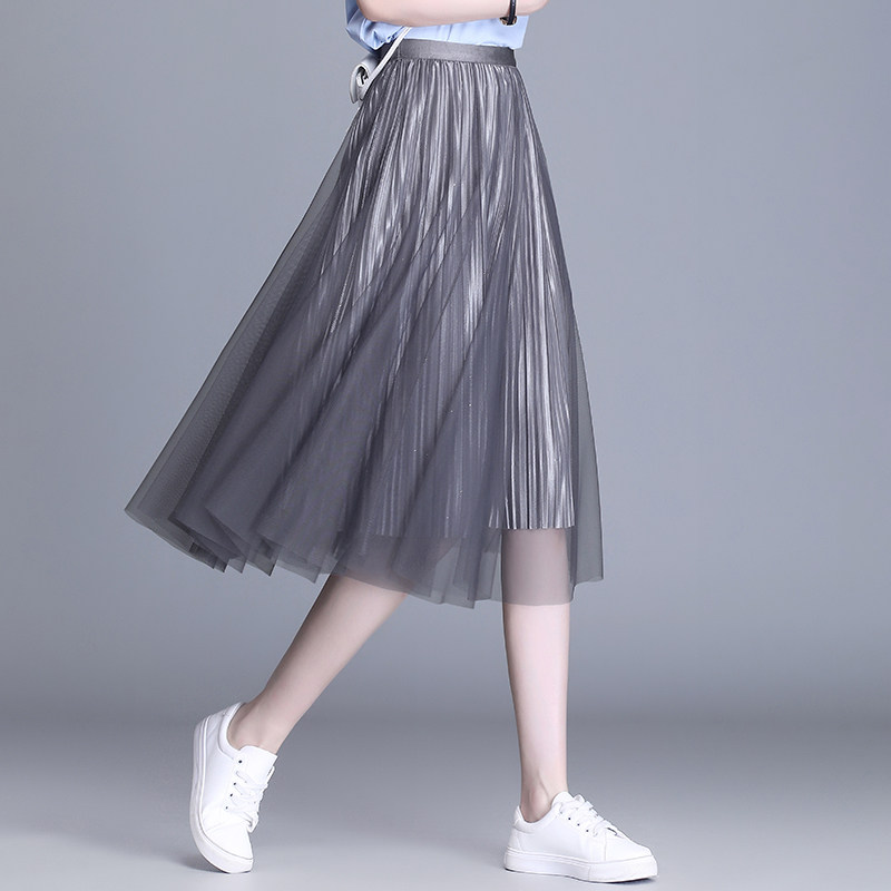 灰色两边穿网纱半身裙女夏季薄款2025新款a字中长款百褶裙子