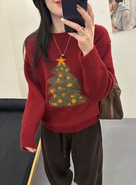 秋冬女士加厚红色圣诞毛衣女款2025新款冬季高级感宽松针织打底衫