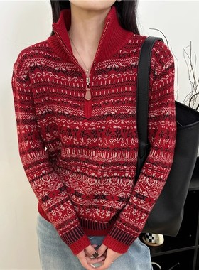 欧货新款费尔岛撞色新年红色半开领立领针织衫女装时尚百搭毛衣厚