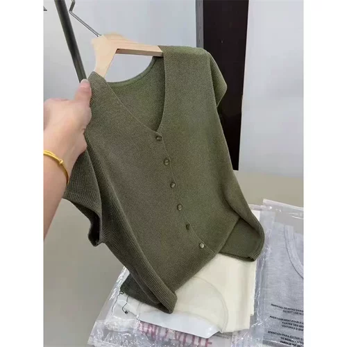 绿色V领短袖显瘦针织开衫女