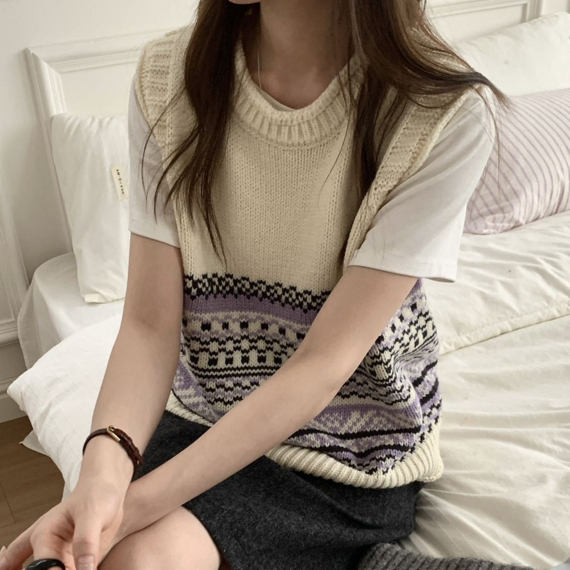 费尔岛圆领复古针织马甲背心女2026春秋新款宽松外穿上衣毛衣坎肩