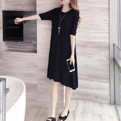 Summer short sleeve Korean dress for women 2019 new large size loose and thin A-line versatile mid length dress