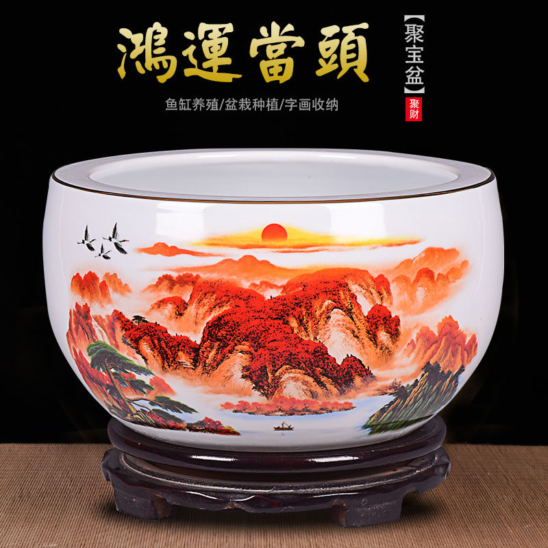 景德镇陶瓷器描金鸿运当头聚宝盆开业装饰办公室家居客厅玄关摆件