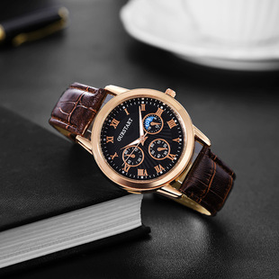 时尚爆款石英皮带三眼月相男士石英非机械电子情侣女手表