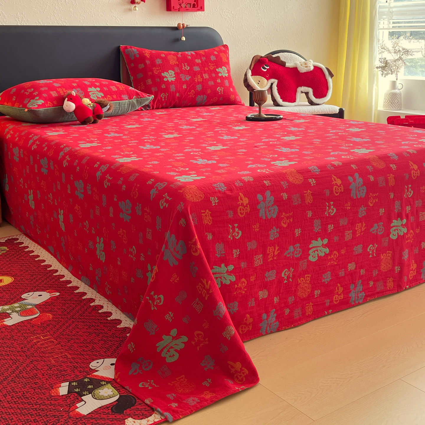 纯棉双层纱红色百福床单单件全棉纱布床笠罩结婚本命年送老人被单