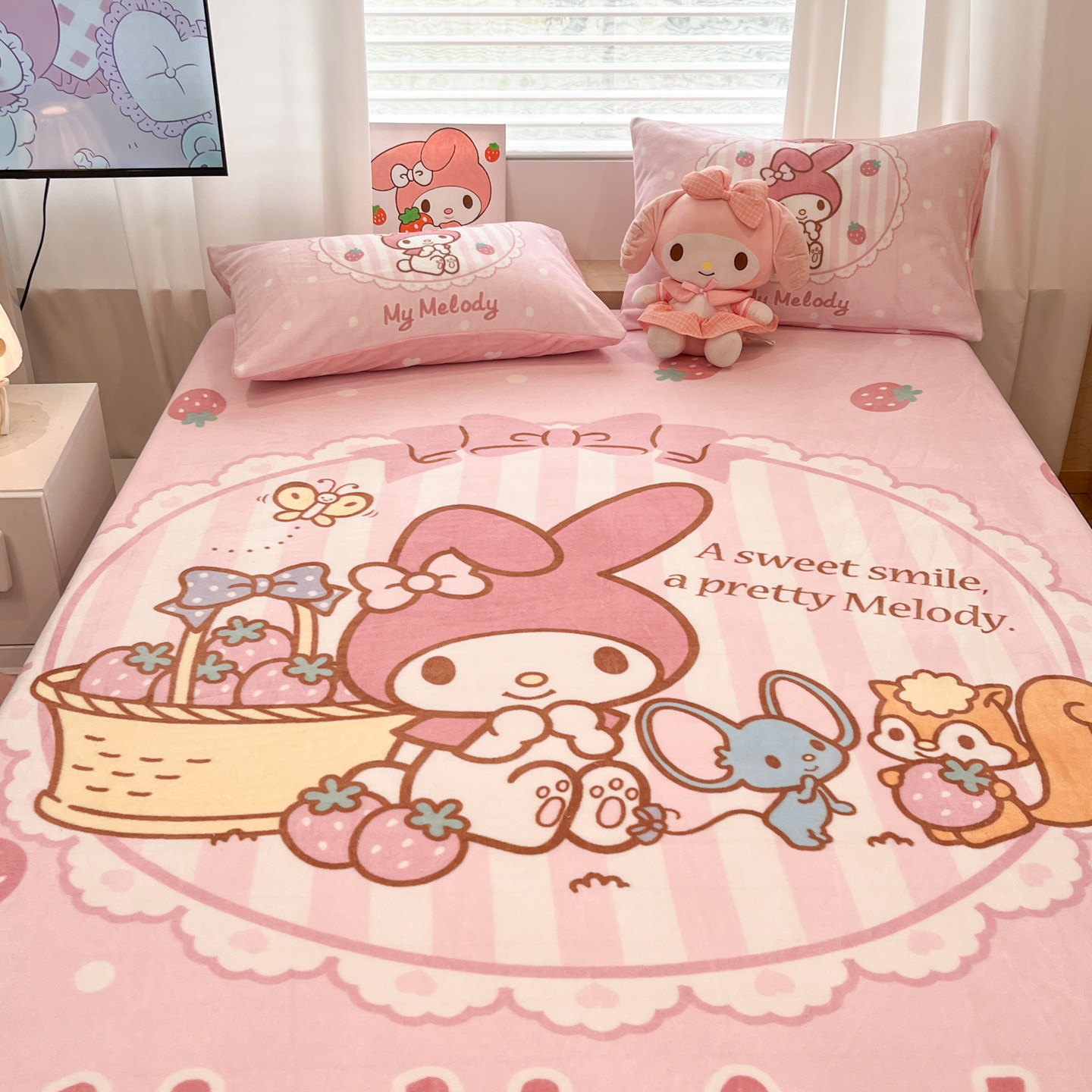 牛奶绒床笠加厚卡通美乐蒂床罩儿童毛绒床单珊瑚绒床垫套三件套