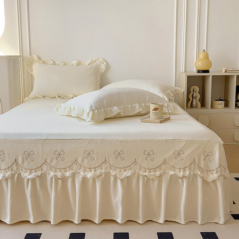 牛奶绒床裙单件冬季保暖加绒床罩珊瑚绒法兰绒花边床单带裙边冬天