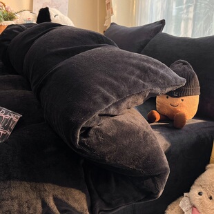 黑色牛奶绒四件套冬季加厚珊瑚绒纯色被套男生床单加绒宿舍三件套