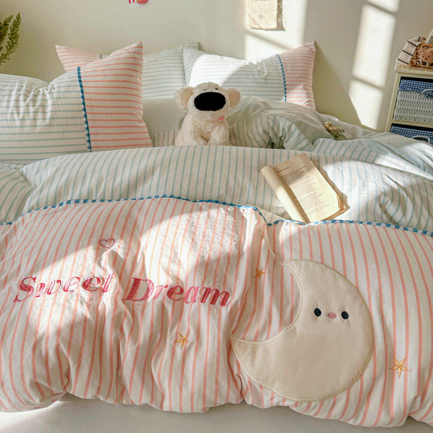 ins条纹小清新四件套床裙床笠被套床单非纯棉全棉学生宿舍三件套