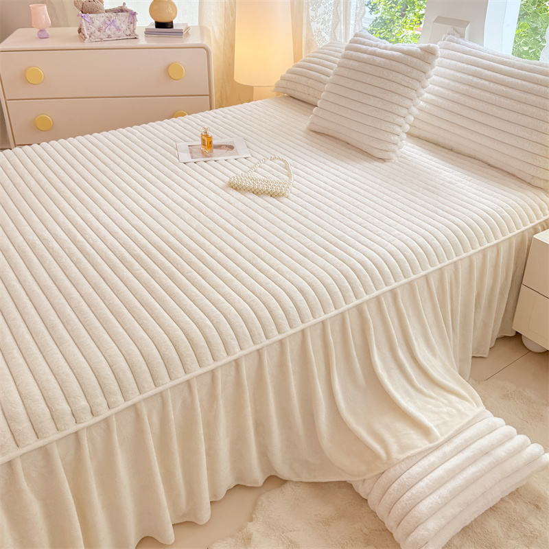 兔毛绒床裙单件法兰绒牛奶绒床罩款法莱绒花边床单床盖带裙边床围