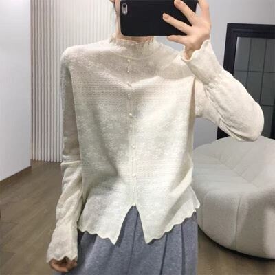 【门店198】欧根纱蕾丝钉珠高品质厚款秋冬打底衫女针织上衣洋气