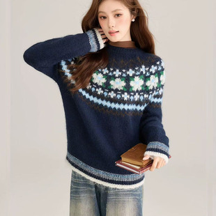 吵吵家韩系藏青色费尔岛毛线女2026冬季宽松休闲针织衫长袖上衣