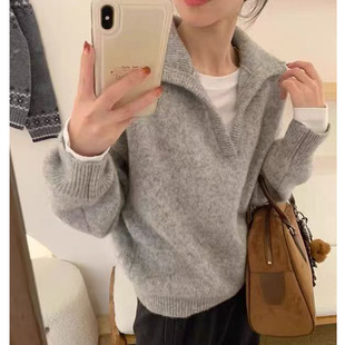 翻领慵懒风加厚上衣冬装 灰色V领软糯针织毛衣女早秋季 2025新款