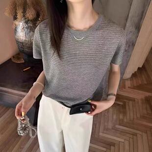 手工钩花毛边凉感竹节麻空调针织衫 冰丝短袖 t恤女夏季 针织薄款
