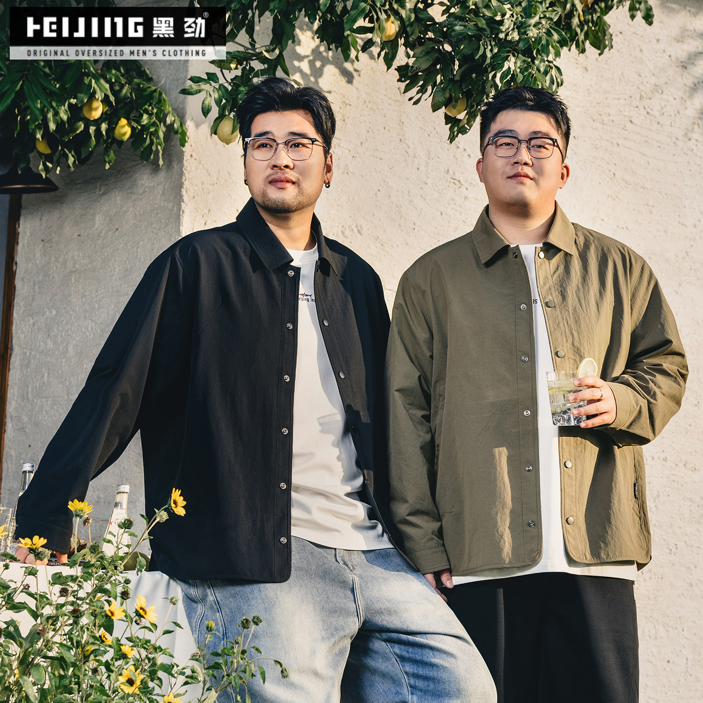 黑劲大码男装翻领纽扣教练夹克加肥加大宽松胖子休闲外套