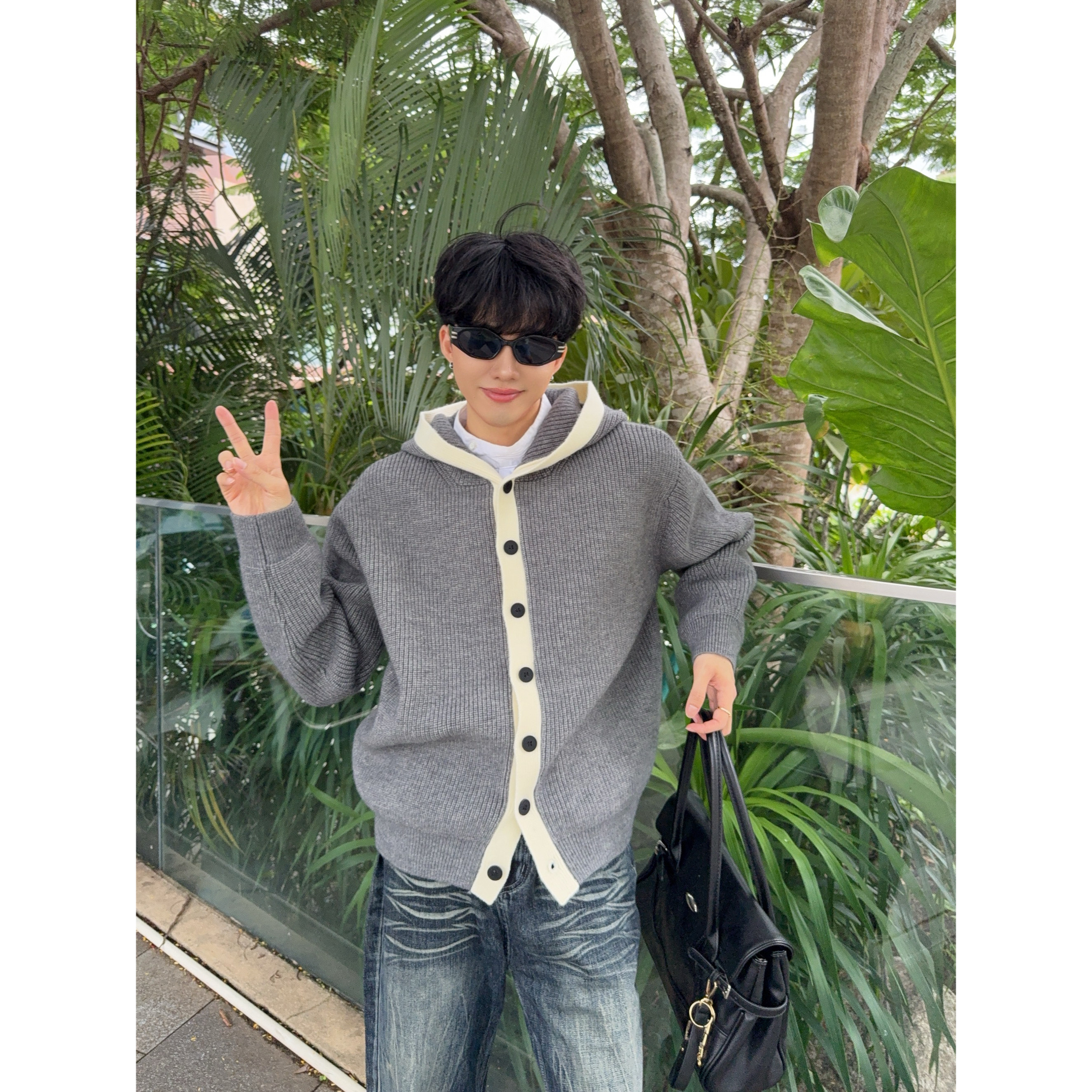 陈大富韩版撞色纽扣连帽针织衫男厚实保暖情侣毛衣粗针卫衣式外套