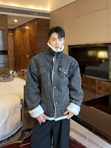 陈大富秋冬羊羔毛牛仔外套男2023新款宽松加绒加厚保暖棉服夹克潮