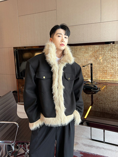 陈大富短款拼色毛绒领夹克外套男秋冬宽松加厚保暖黑色夹棉棉袄潮